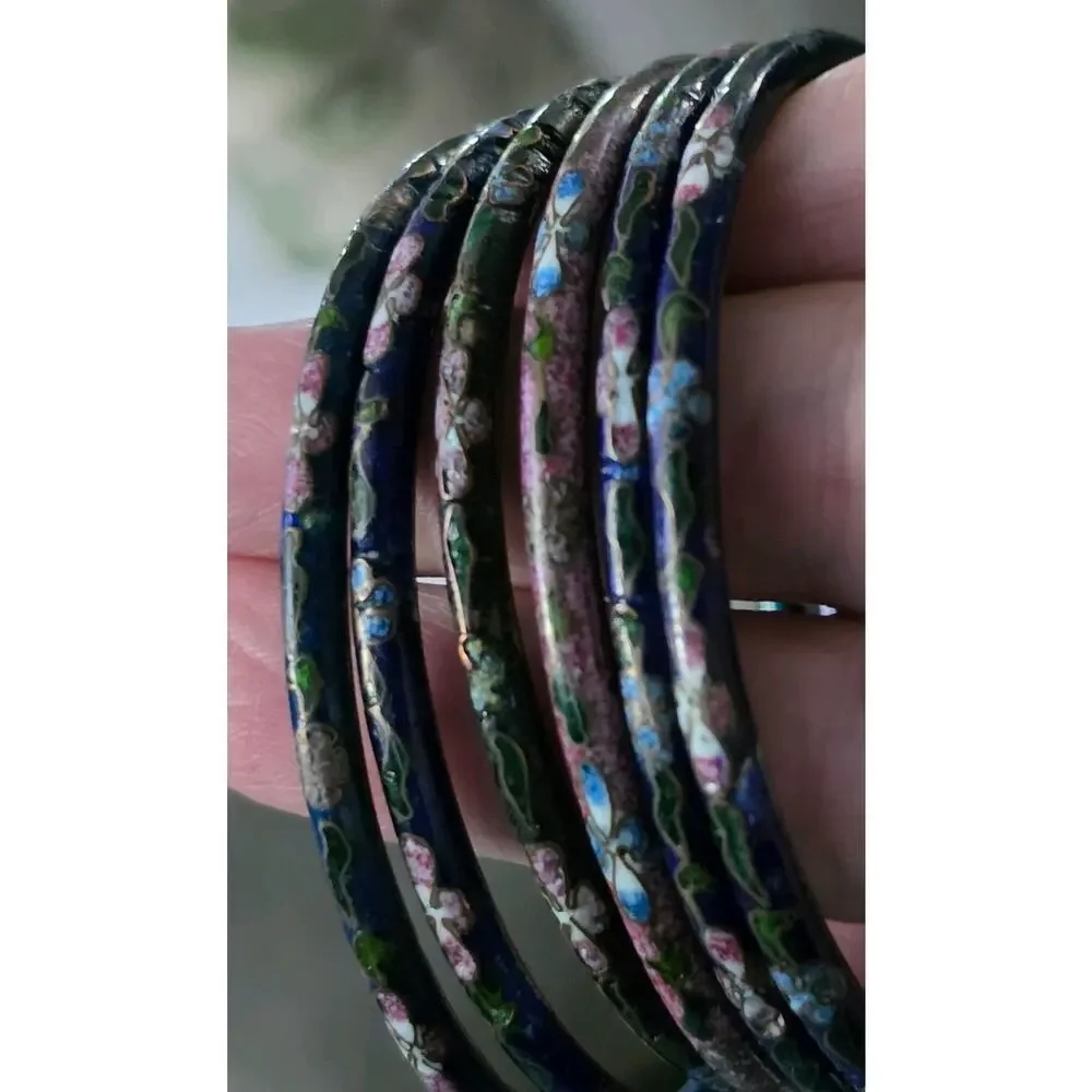 Vintage Cloisonne Enamel Floral Bracelets Set of 6 Multicolor Stackable 7.75
